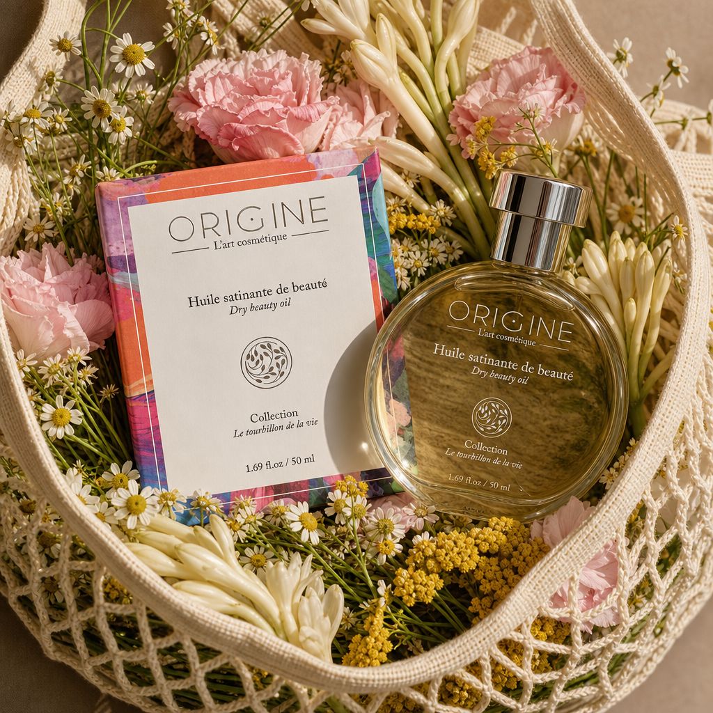 Huile satinante Origine mise en scène avec des fleurs