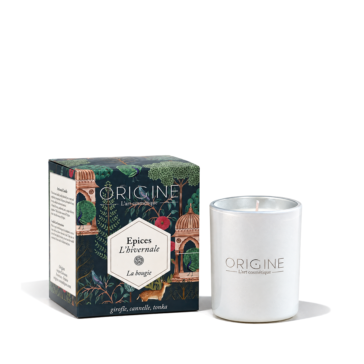Bougie parfumée L'Hivernale dans son pot en verre blanc nacré, 180 g, Origine