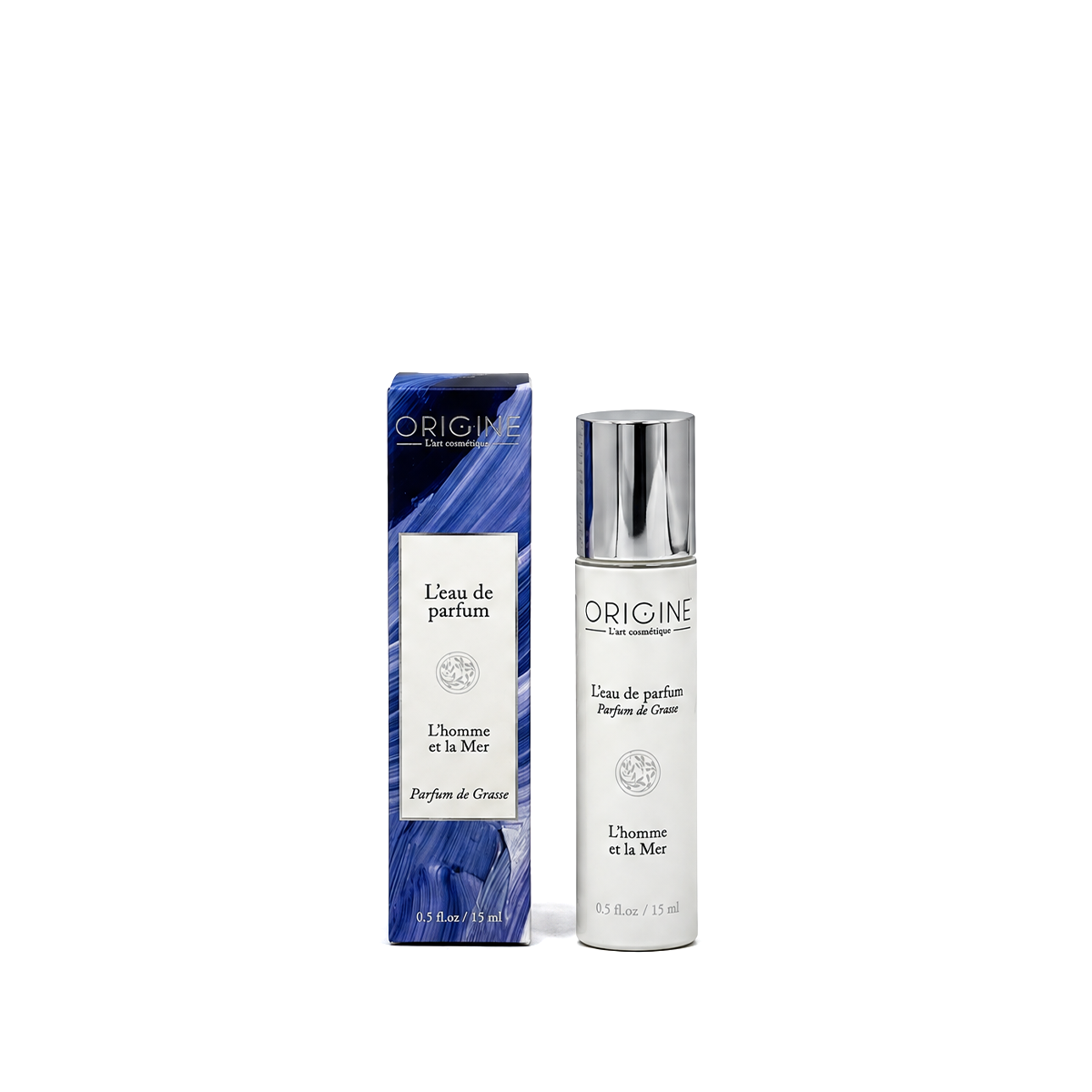 Flacon blanc nacré d'eau de parfum L'Homme et la Mer 15 ml, collection Signature Origine