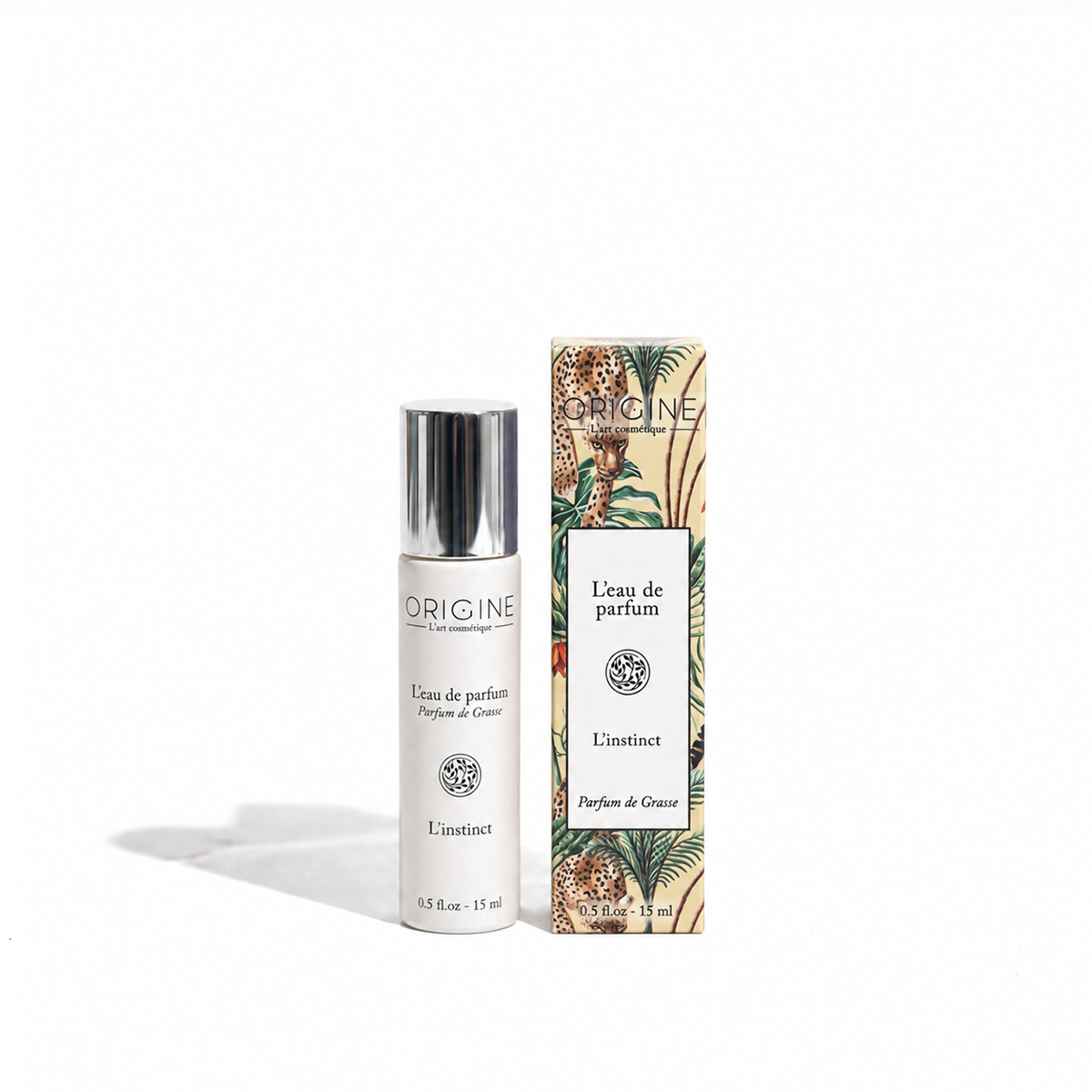 Flacon blanc nacré d'eau de parfum L'Instinct Pour Homme 15 ml, collection Signature Origine