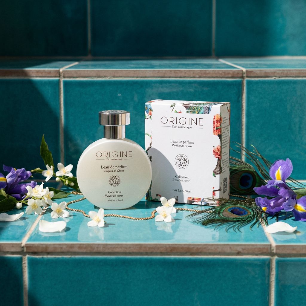 Eau de parfum Origine présentée dans un décor sensoriel