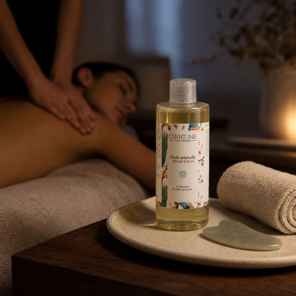 Massage réalisé dans une cabine de spa avec une huile Origine