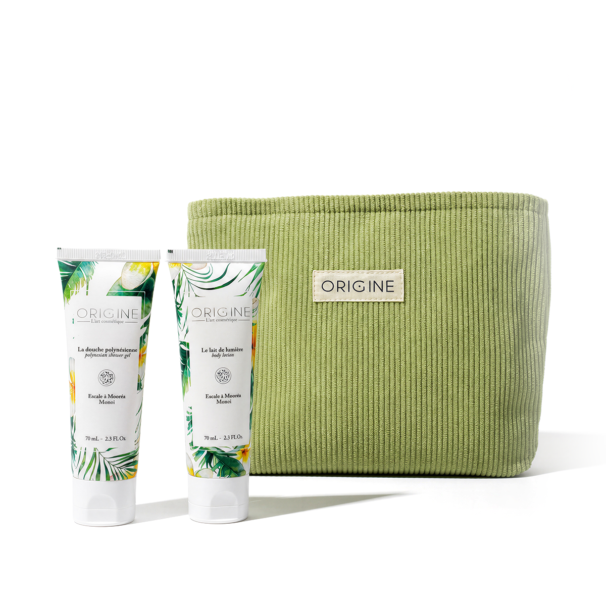 Trousse en velours vert Origine avec douche et lait irisé 70 ml, senteur monoï Escale à Mooréa