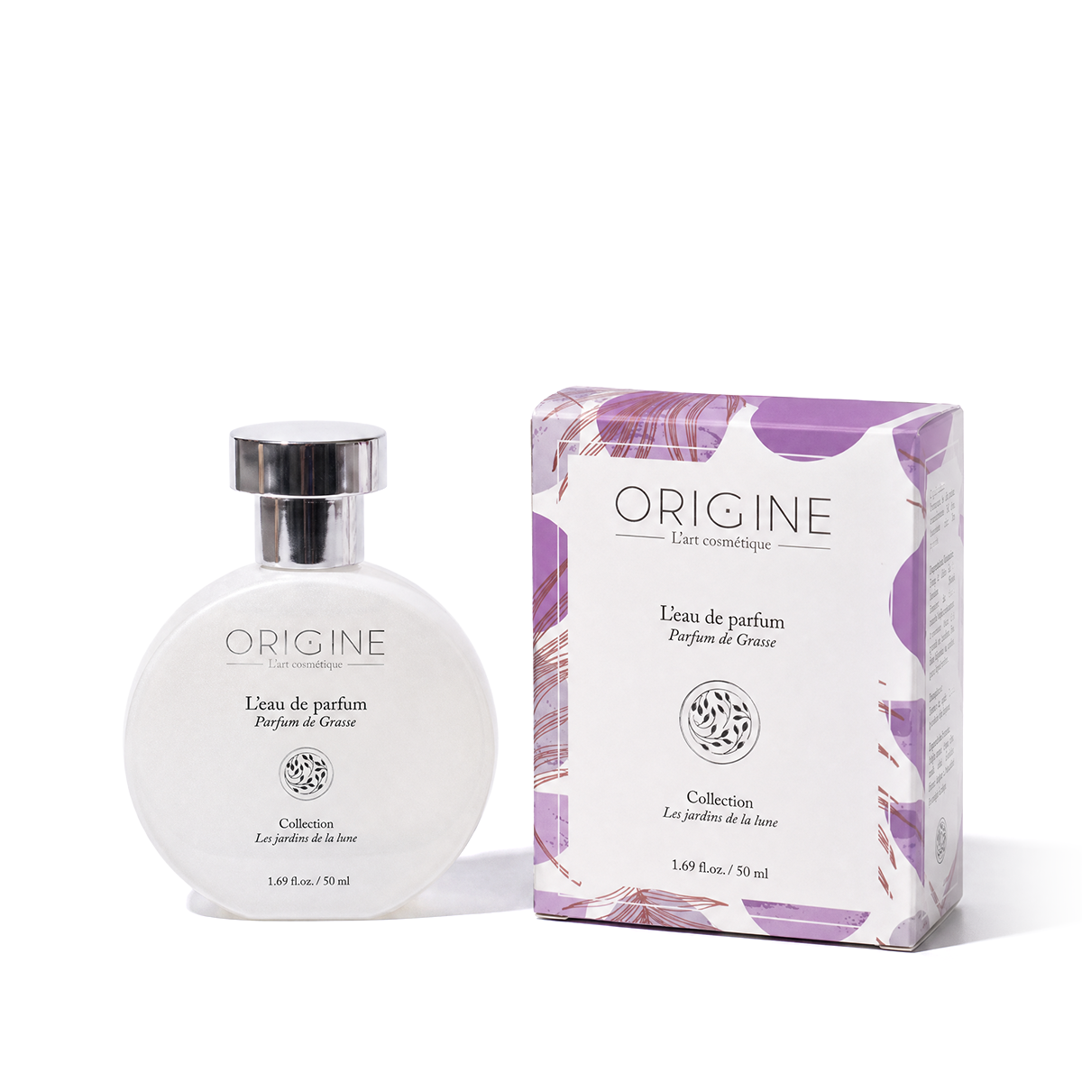 Bouteille ronde et nacrée d'eau de parfum Les Jardins de la Lune 50 ml, collection Signature Origine