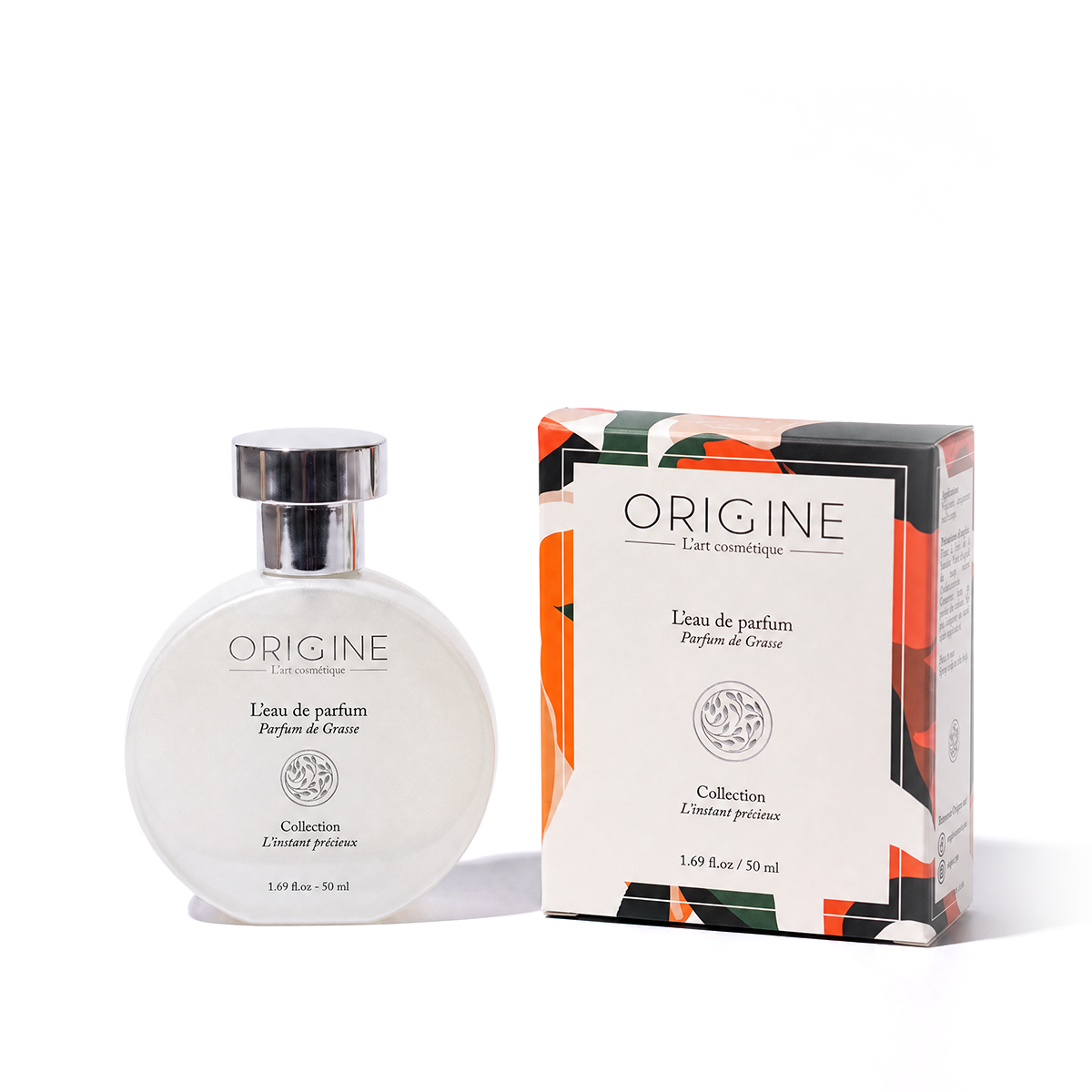 Bouteille ronde et nacrée d'eau de parfum L'Instant Précieux 50 ml, collection Signature Origine