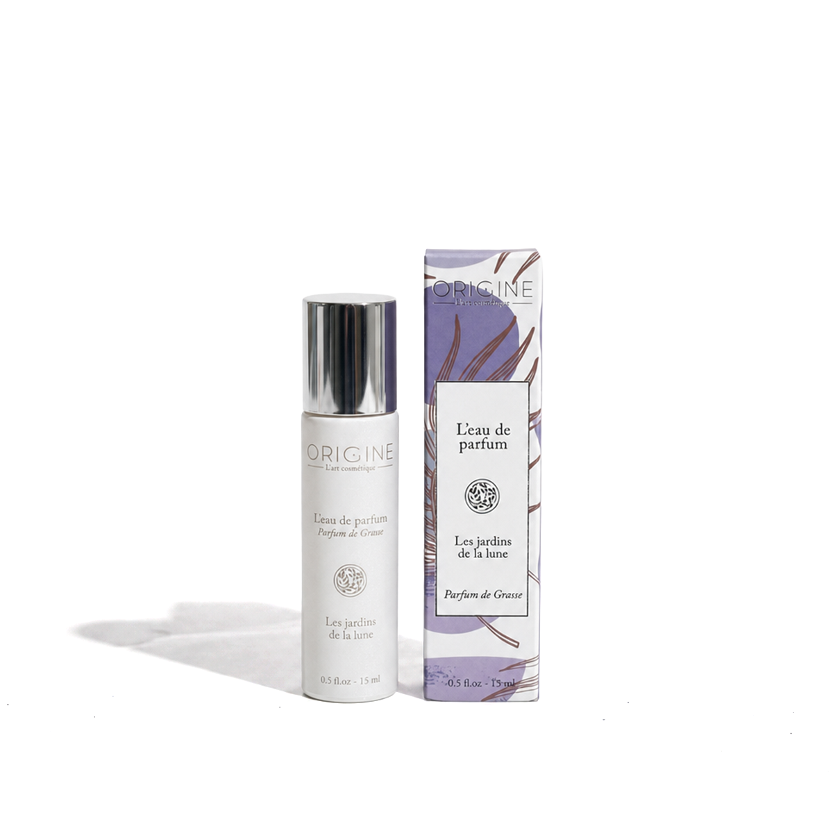Flacon blanc nacré d'eau de parfum Les Jardins de la Lune 15 ml, collection Signature Origine