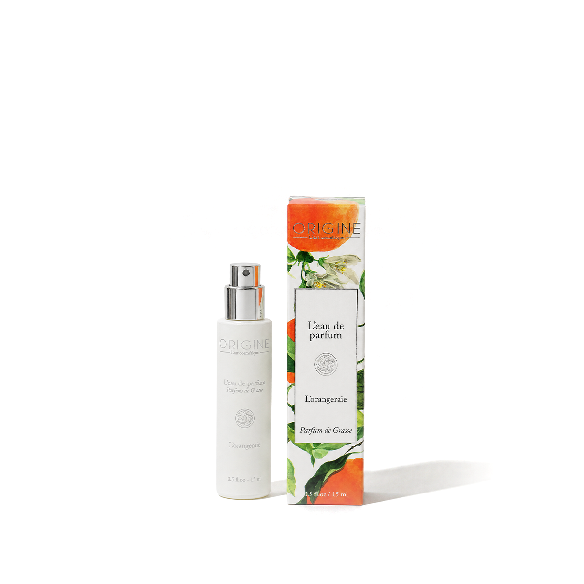 Flacon blanc nacré d'eau de parfum L'Orangeraie 15 ml, collection Signature Origine