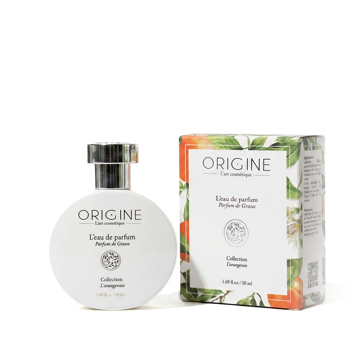 Bouteille ronde et nacrée d'eau de parfum L'Orangeraie 50 ml, collection Signature Origine